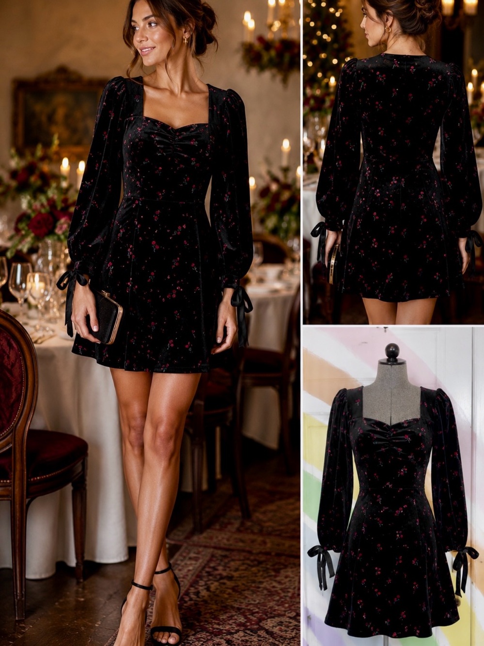 NWT Noralee Morgan Black Velvet Floral Puff Sleeve Tie Cuff Mini Dress Sz S🧡🍄